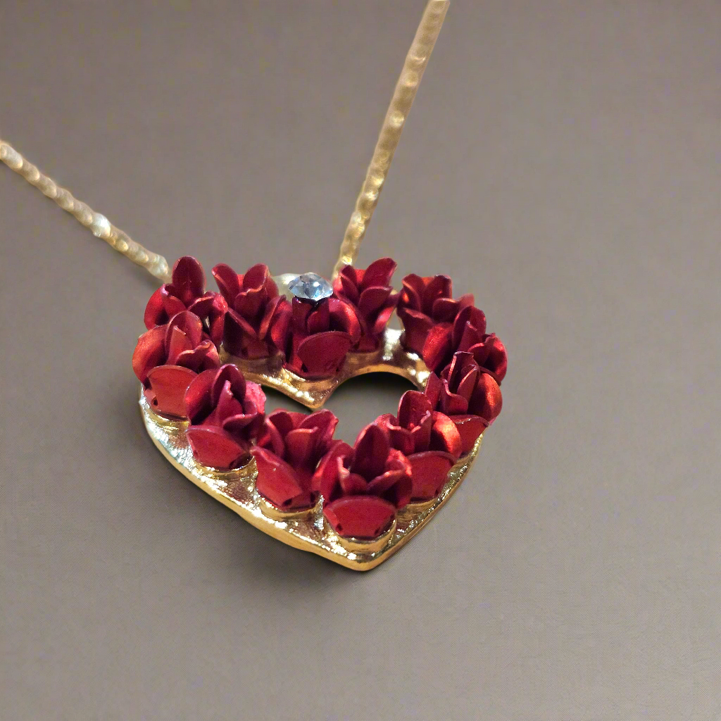 AVON Metal Red Rose Heart Wreath Austrian Crystal Necklace
