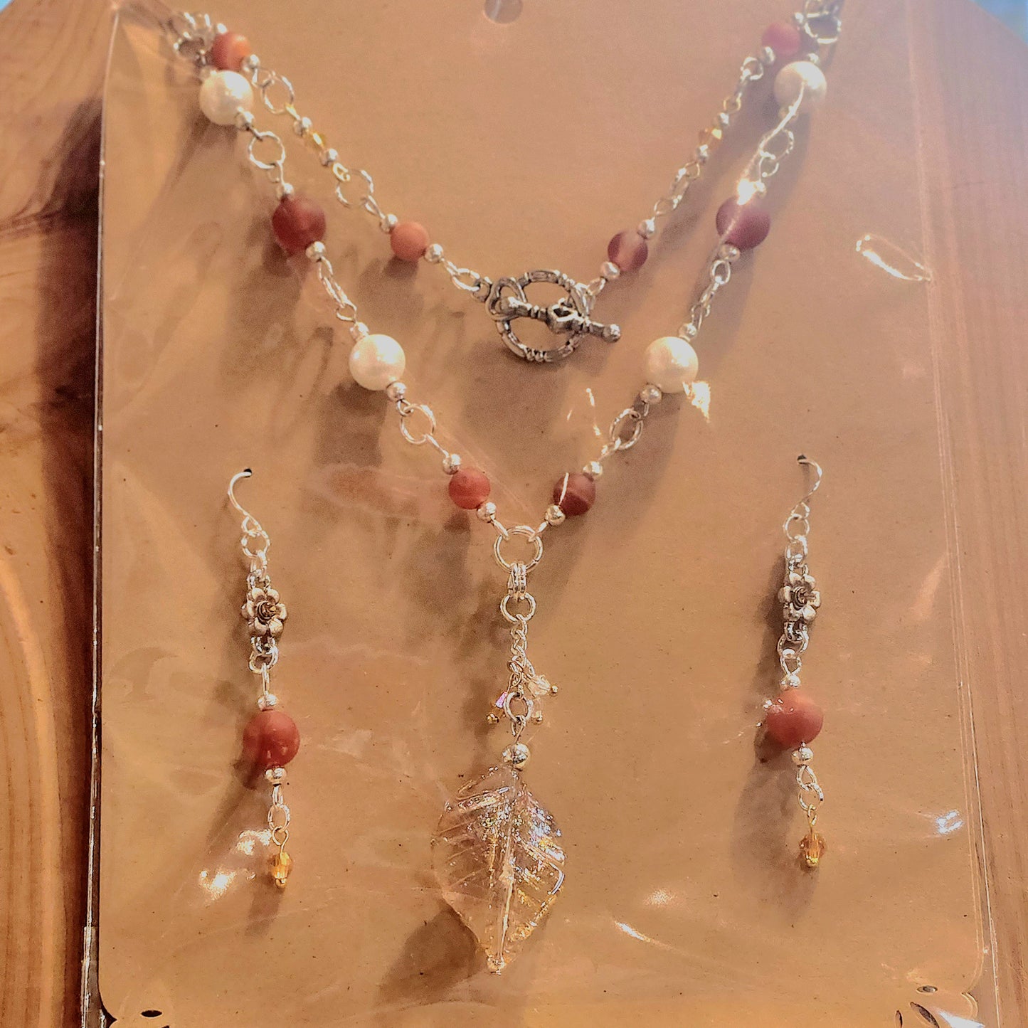 Red Sardonyx Lampwork Leaf Pendant - Necklace and Earrings Set