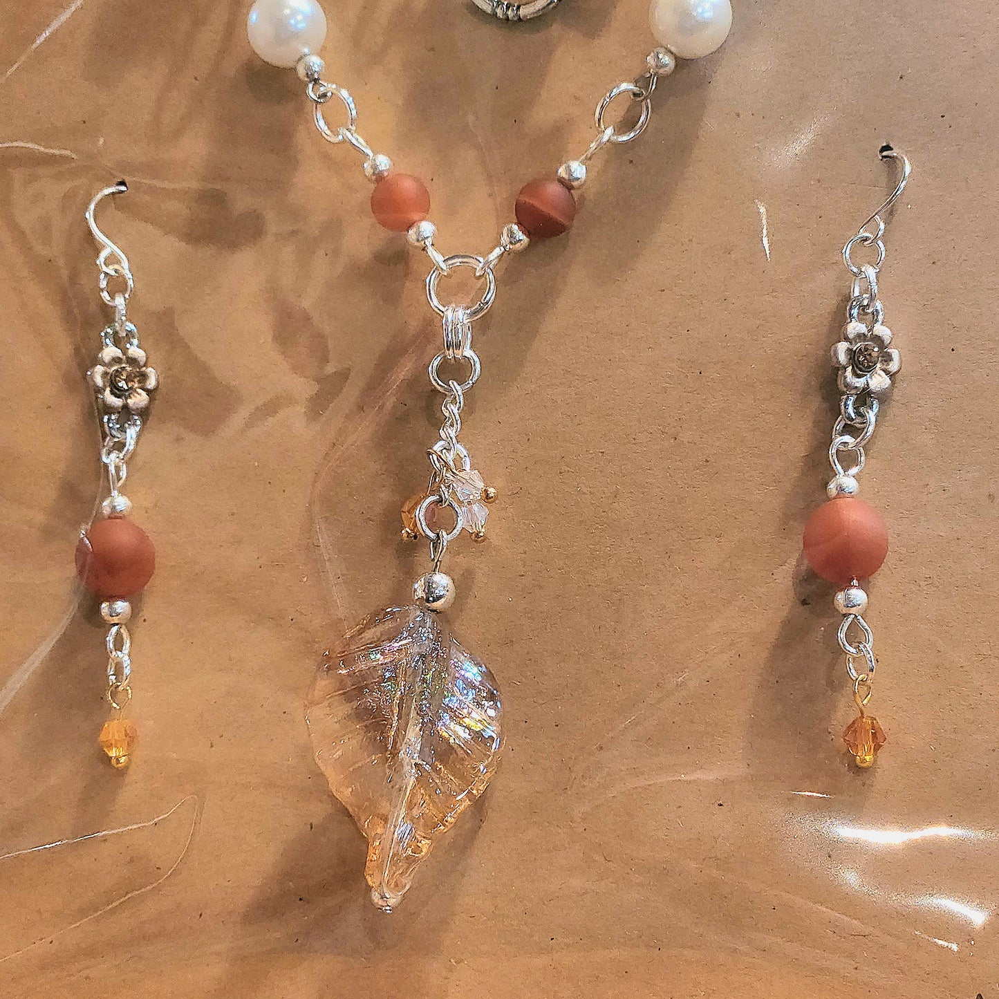 Red Sardonyx Lampwork Leaf Pendant - Necklace and Earrings Set