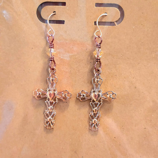 Light Peach Swarovski Crystals / Rose Gold Cross Earrings