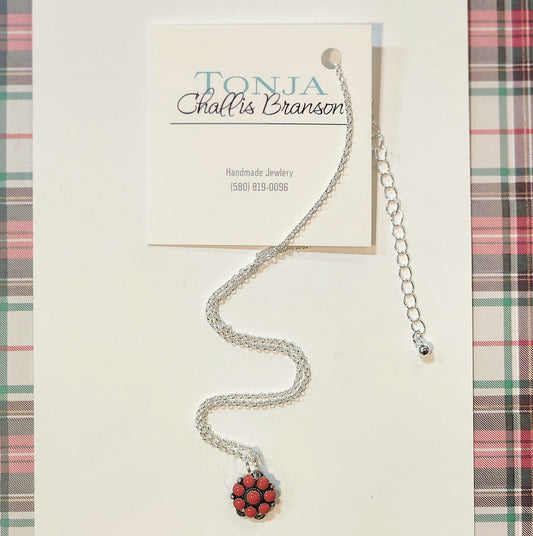 Red Stone Flower Shield Necklace 19"