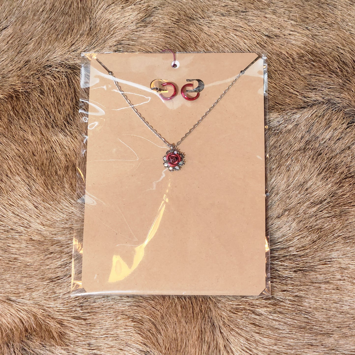 Metal Rose / Swarovski Crystals 20" Necklace and Red 1/2 Hoops