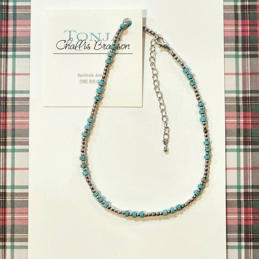 Silver and Turquoise Rondelle Beaded Necklace 16" with Extender
