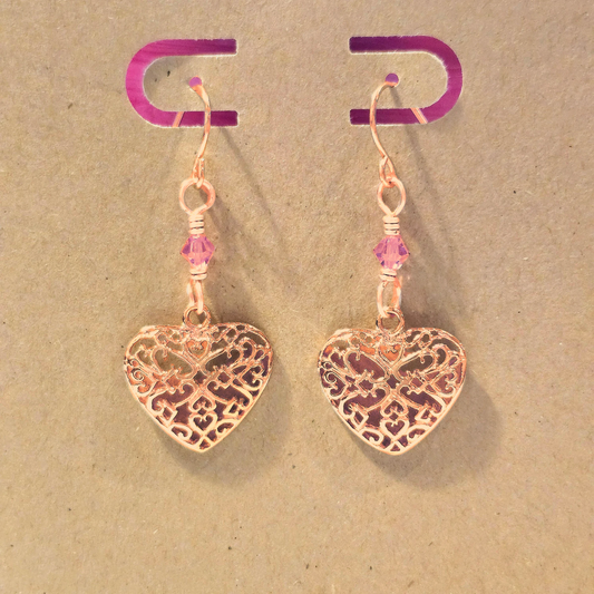 Rose Swarovski Crystals / Rose Gold Plated Heart Charm Earrings