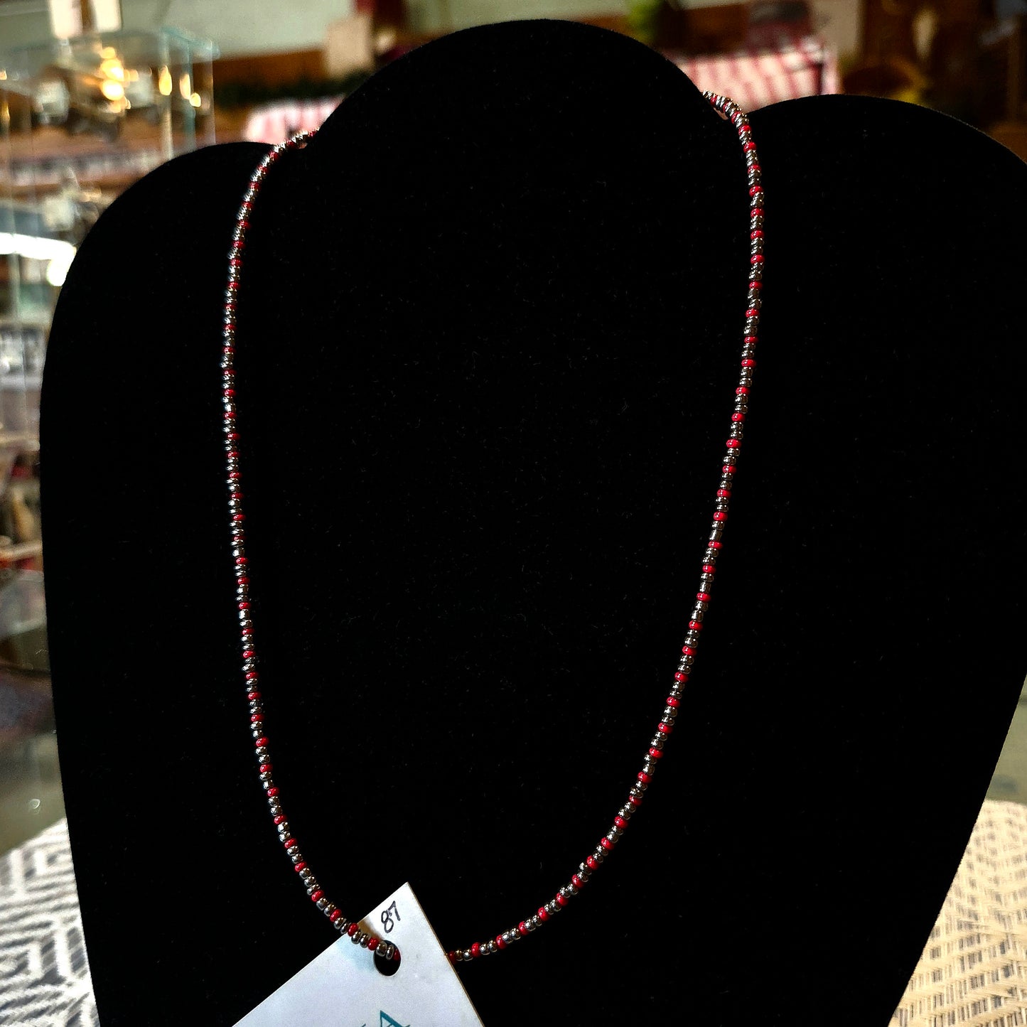 Beaded Necklace - Silver & Red seed beads