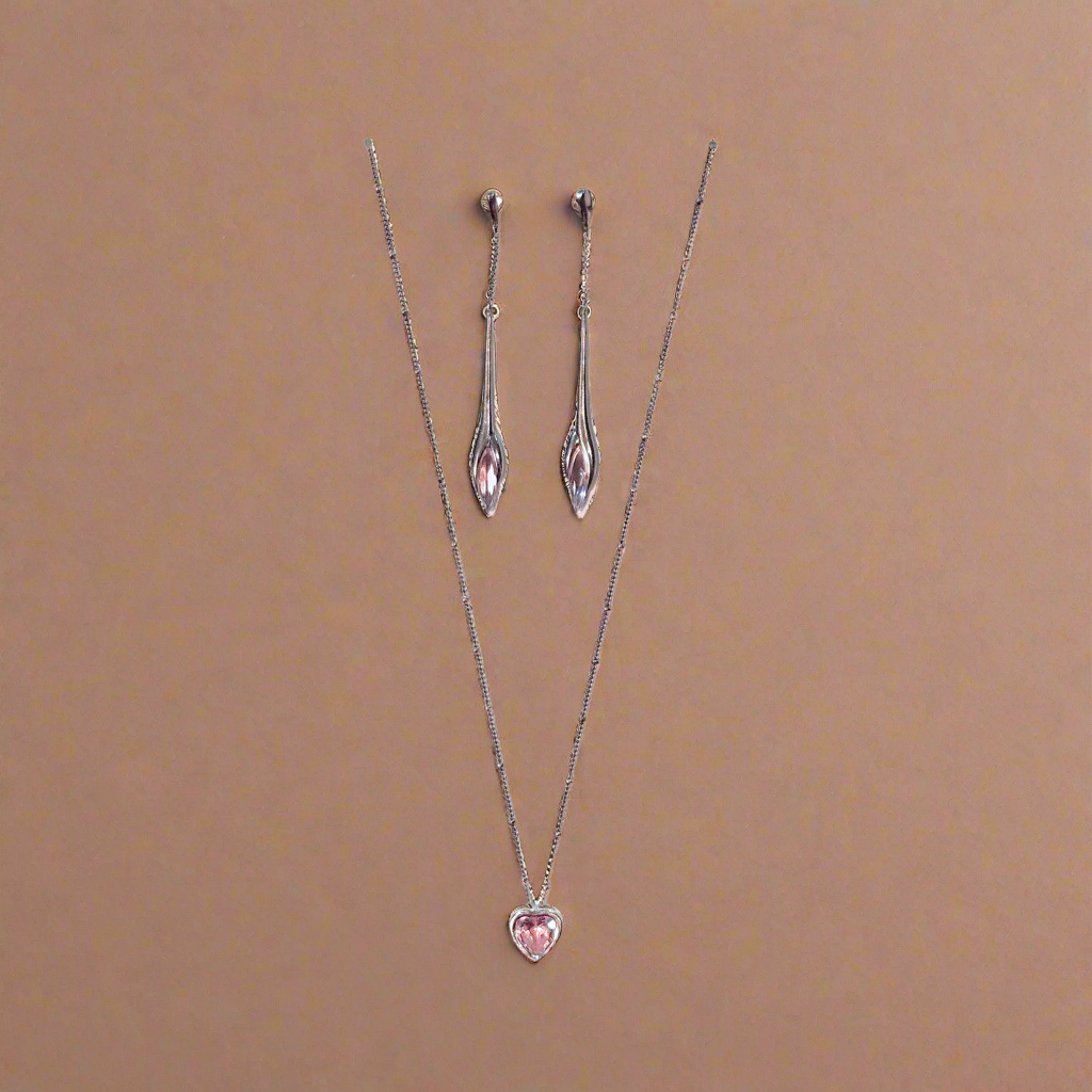 Silvertone 16" Necklace Pink Heart with Stud Drop Earrings