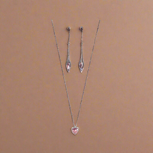 Silvertone 16" Necklace Pink Heart with Stud Drop Earrings