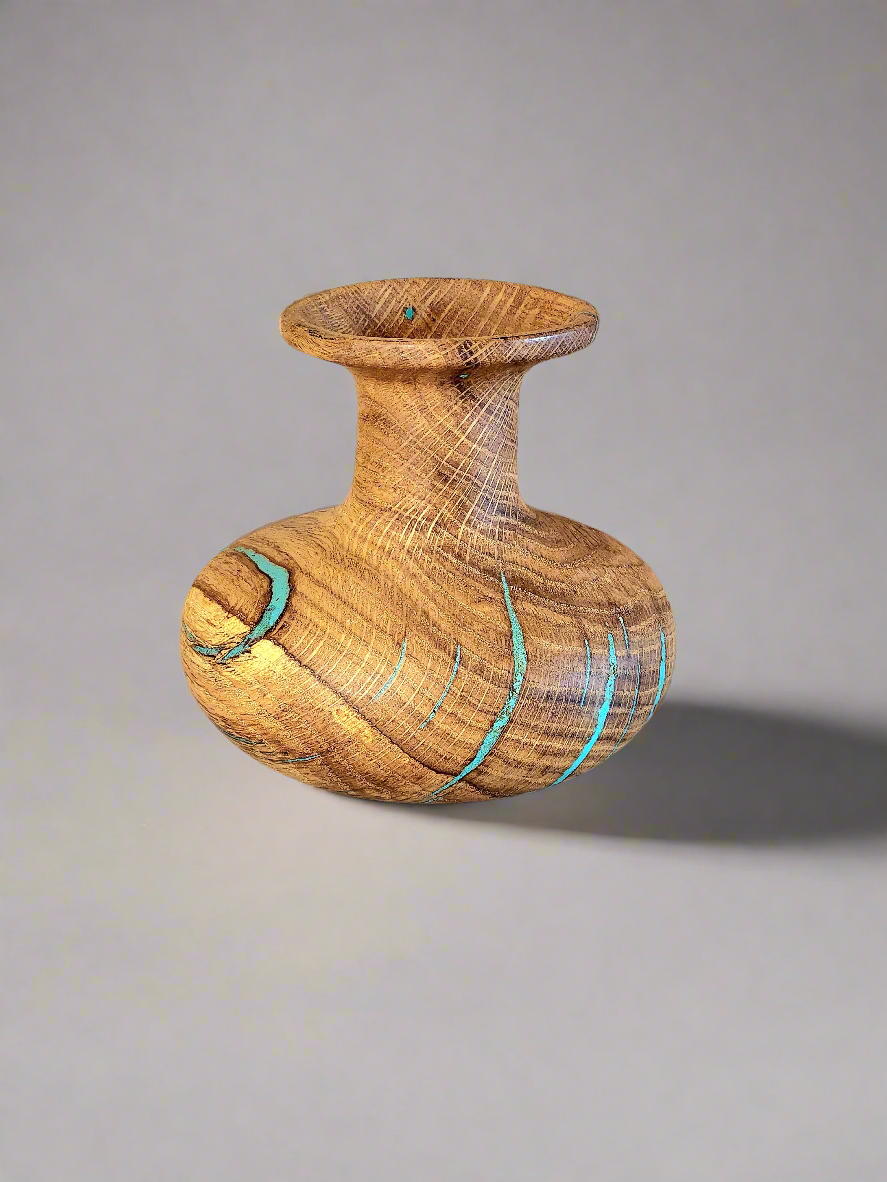 Turquoise Inlay Oak Wood Vase