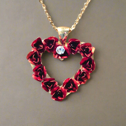 AVON Metal Red Rose Heart Wreath Austrian Crystal Necklace