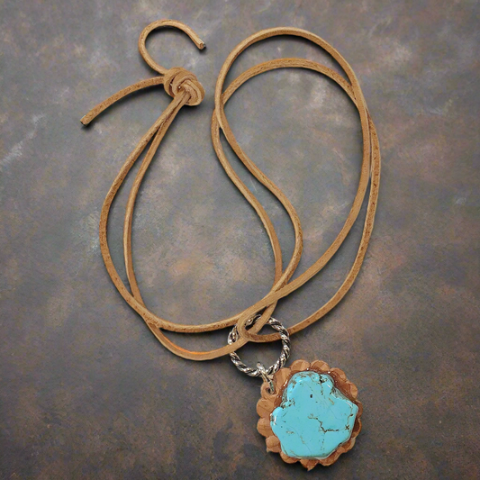 Turquoise Slab on Leather Concho Necklace