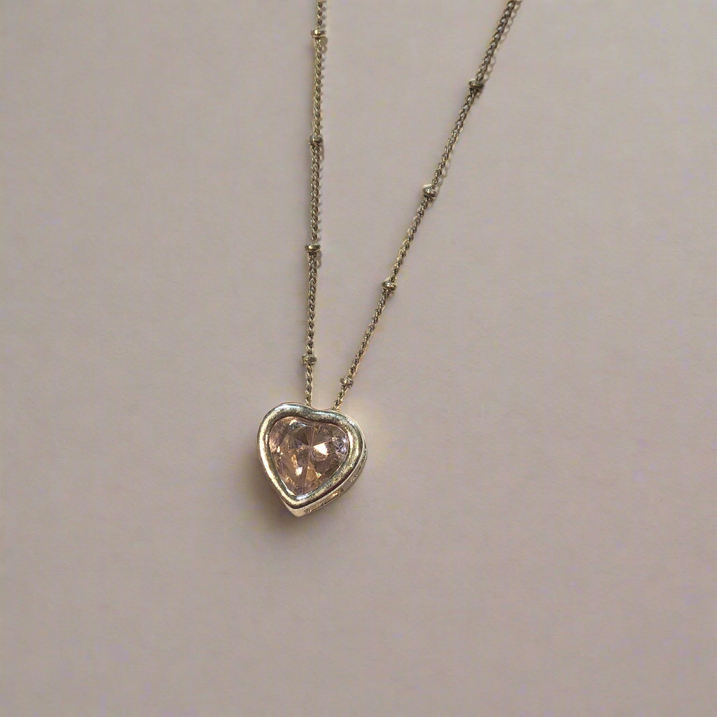 Silvertone 16" Necklace Pink Heart with Stud Drop Earrings