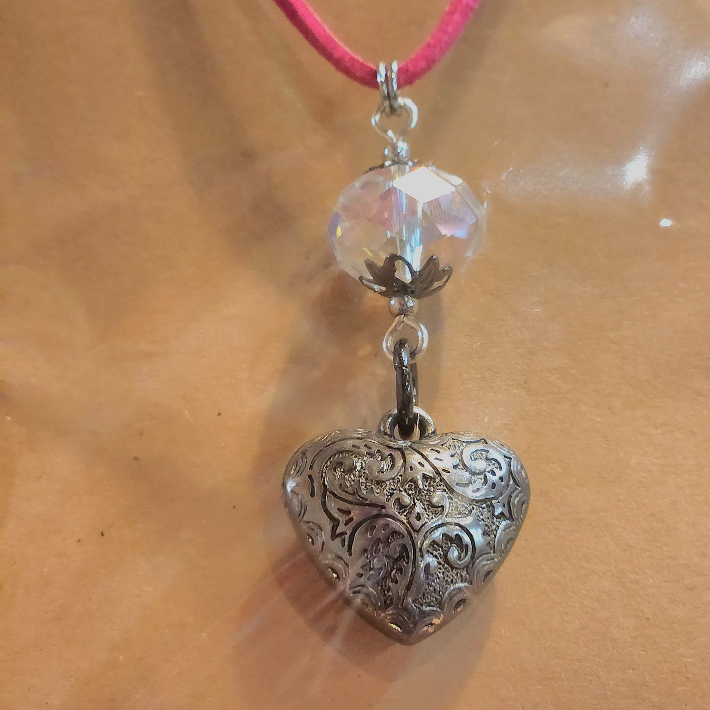 Suede Puffed Heart Silvertone Necklace - Hot Pink