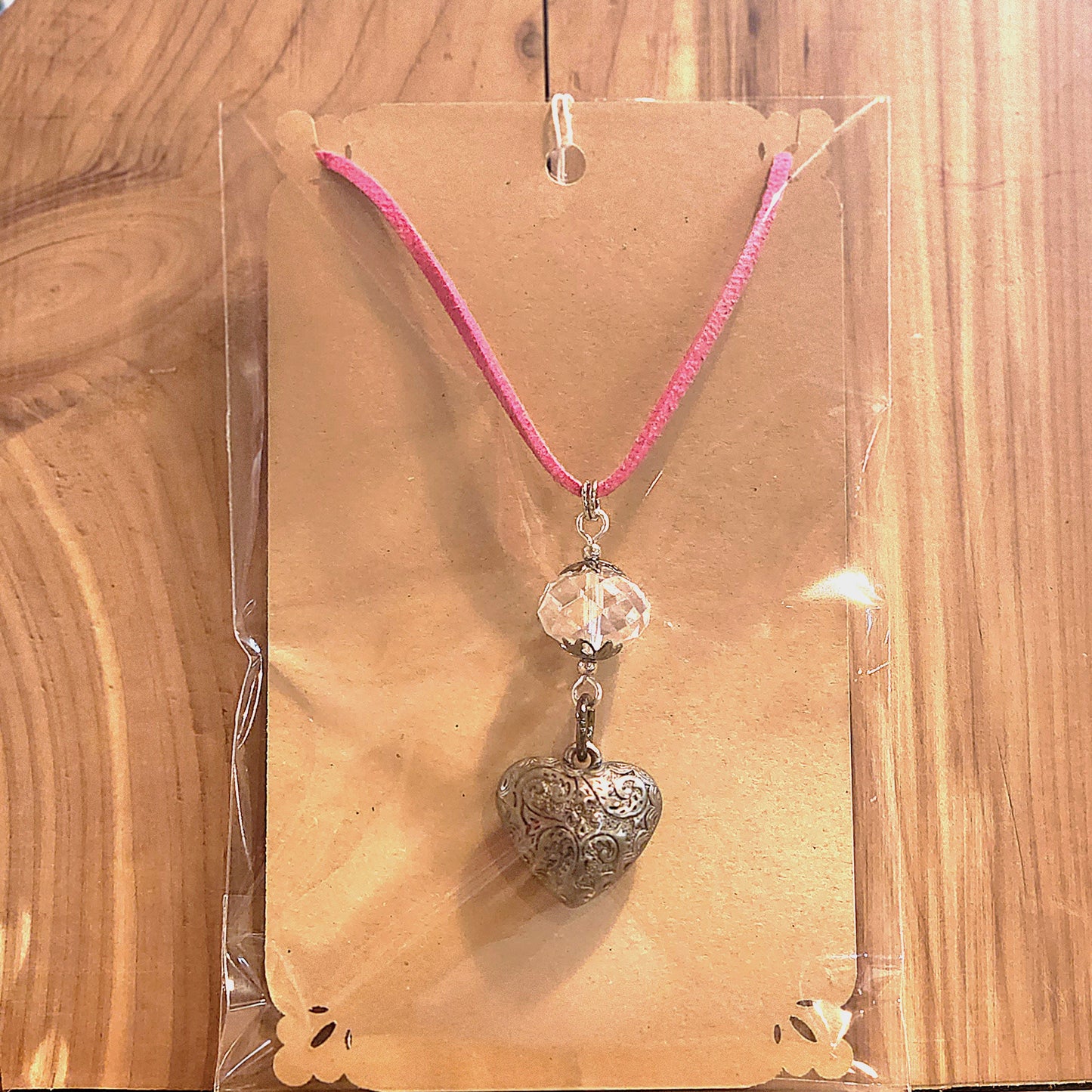 Suede Puffed Heart Silvertone Necklace - Hot Pink