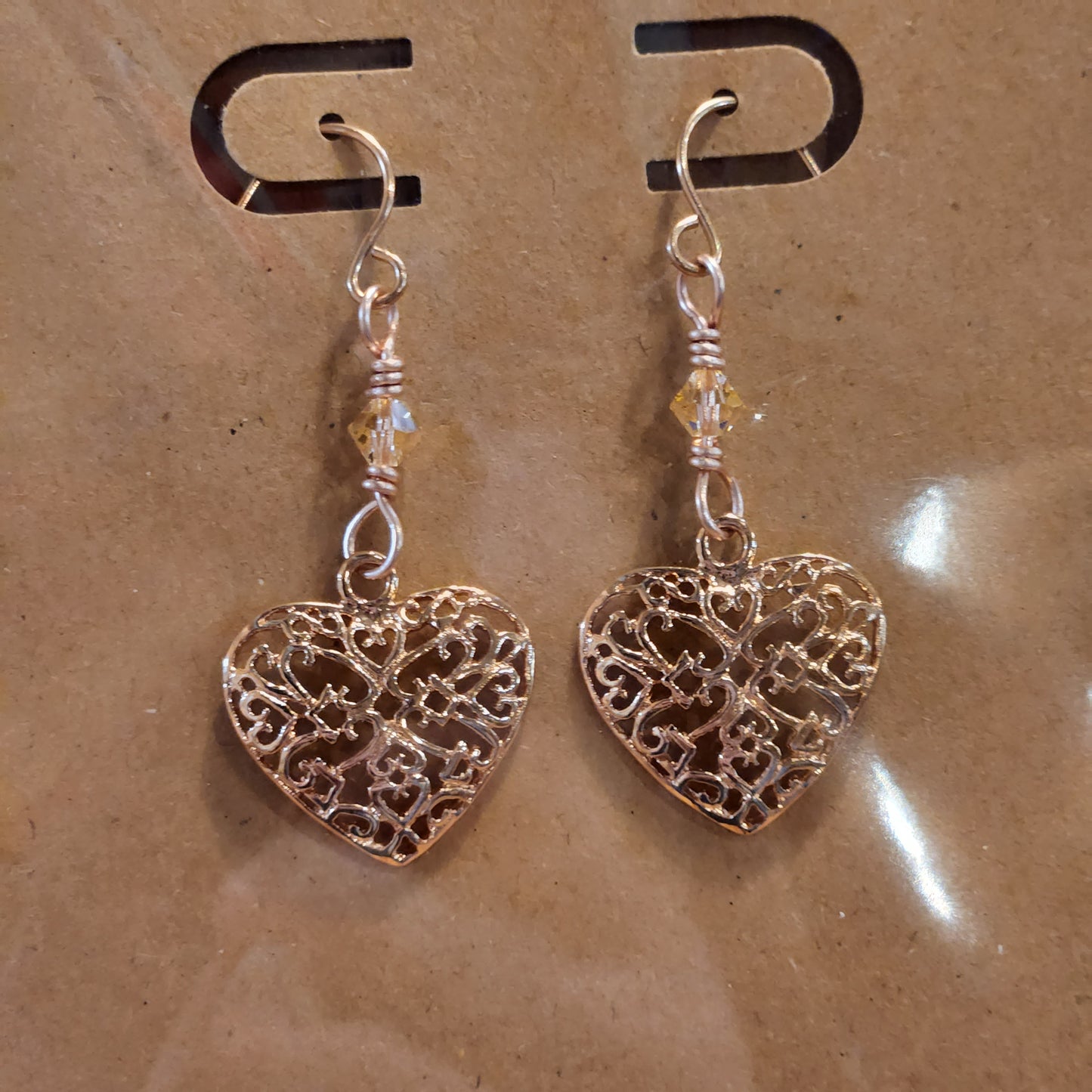 Light Peach Swarovski Crystals / Rose Gold Plated Heart Earrings