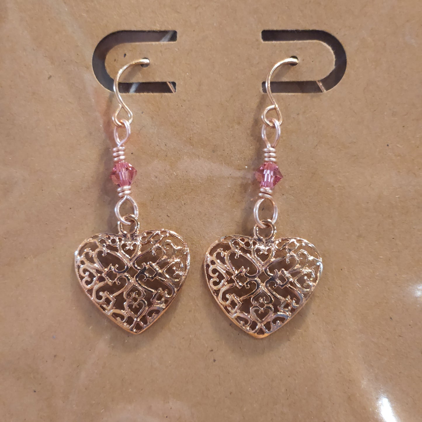 Rose Swarovski Crystals / Rose Gold Plated Heart Charm Earrings