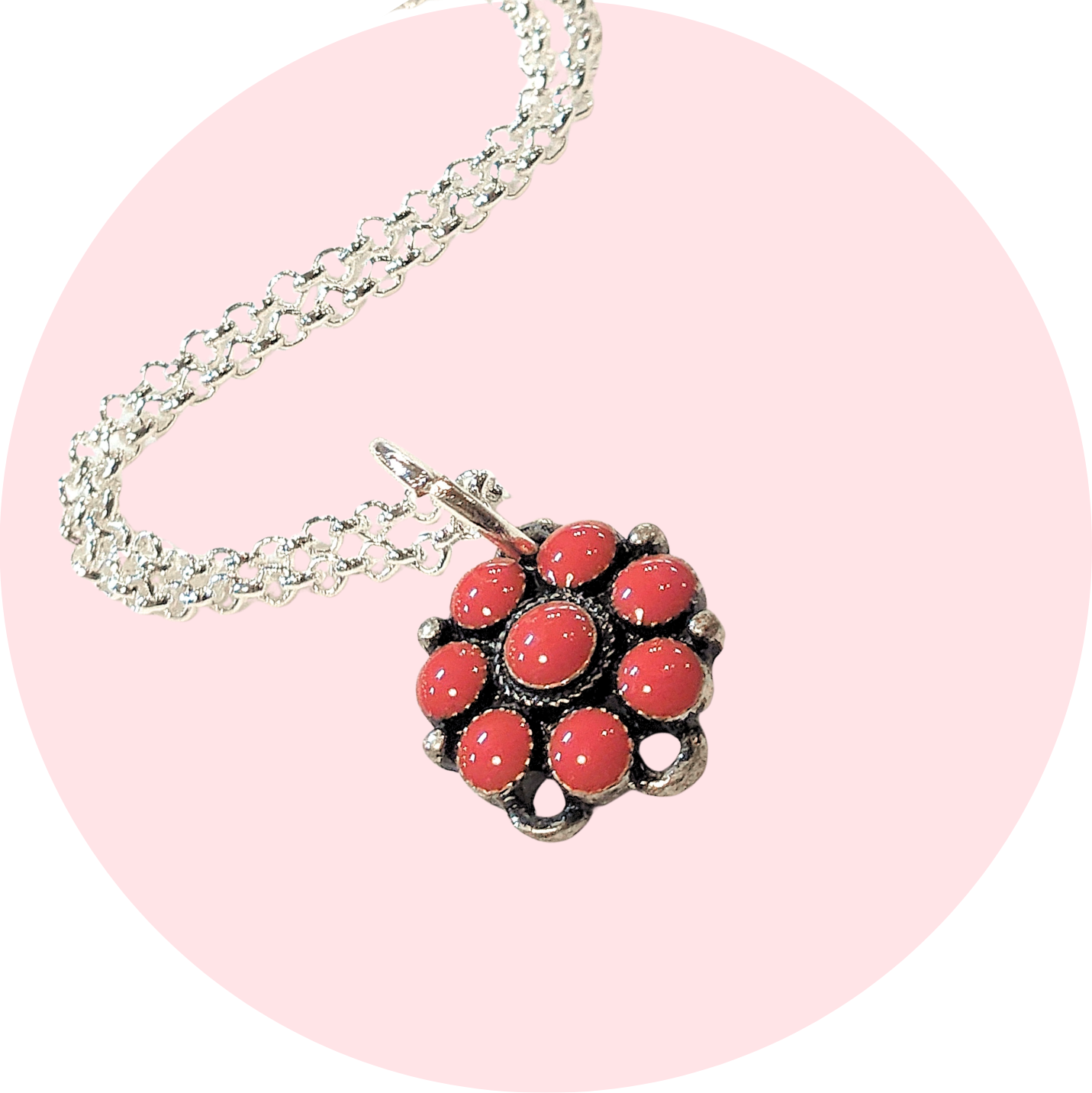 Red Stone Flower Shield Necklace 19"