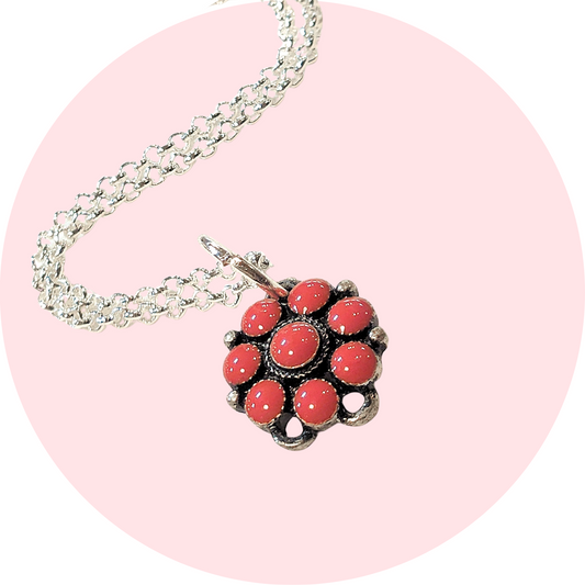 Red Stone Flower Shield Necklace 19"