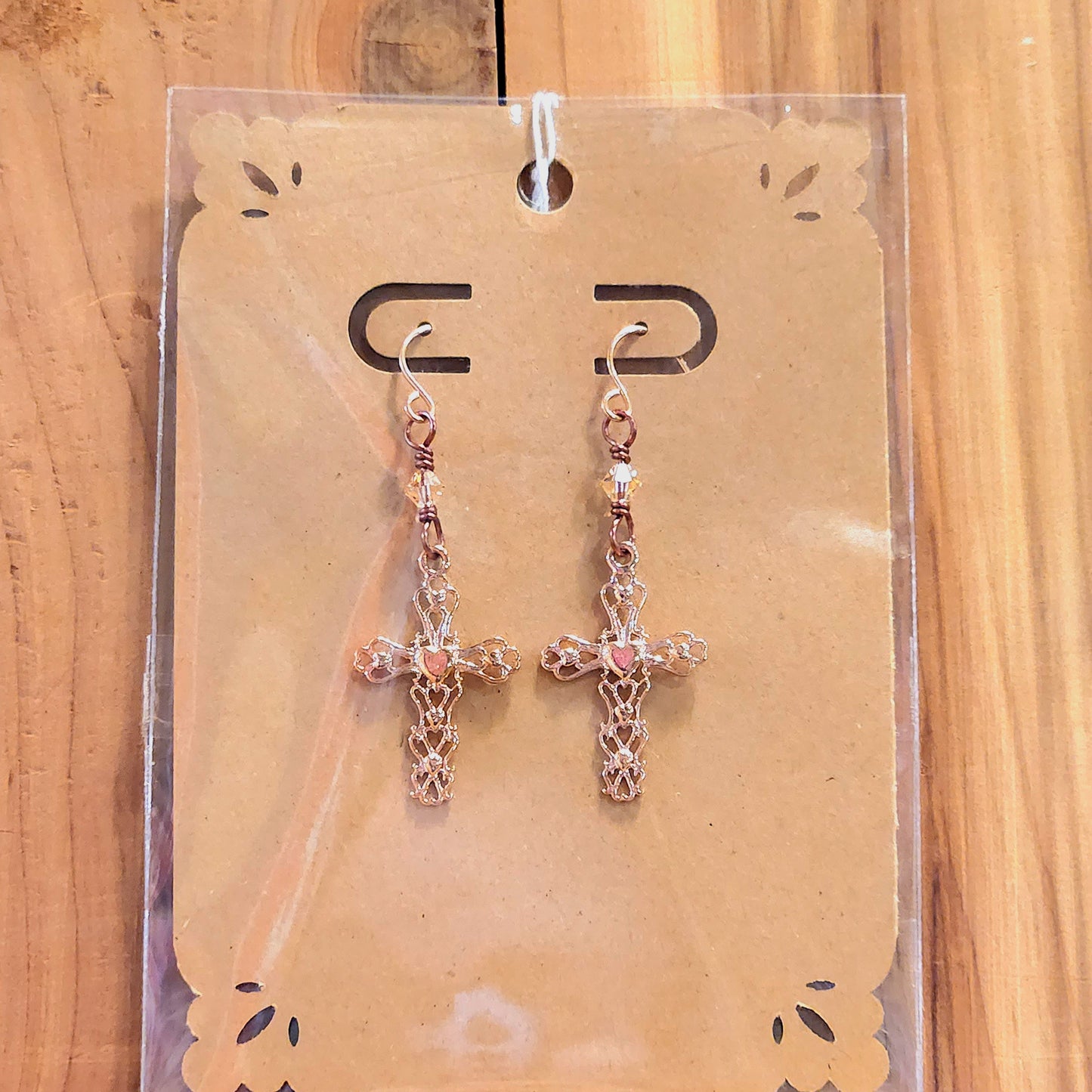 Light Peach Swarovski Crystals / Rose Gold Cross Earrings