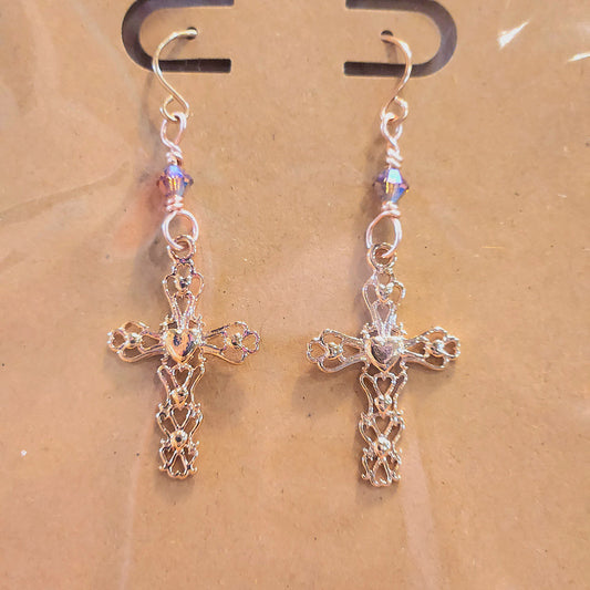 Smoked Topaz Swarovski Crystals / Rose Gold Cross Earrings