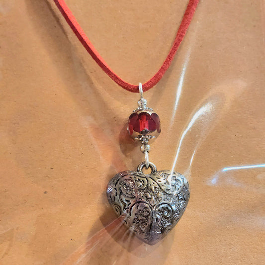 Red Suede Cord Puffed Heart Silvertone Necklace