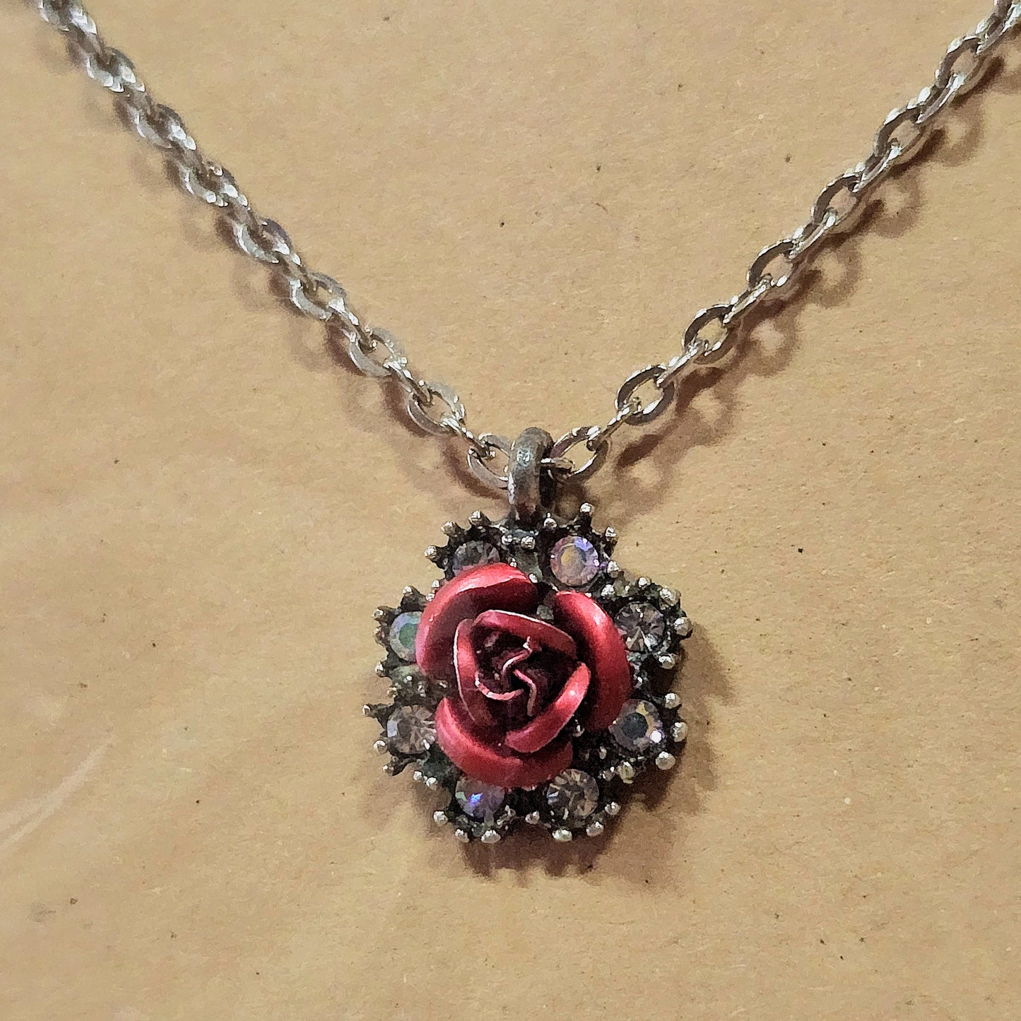 Metal Rose / Swarovski Crystals 20" Necklace and Red 1/2 Hoops