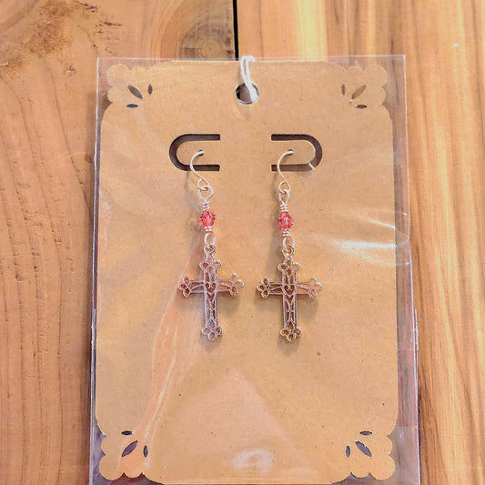 Indian Pink Swarovski Crystals Rose Gold Cross Earrings