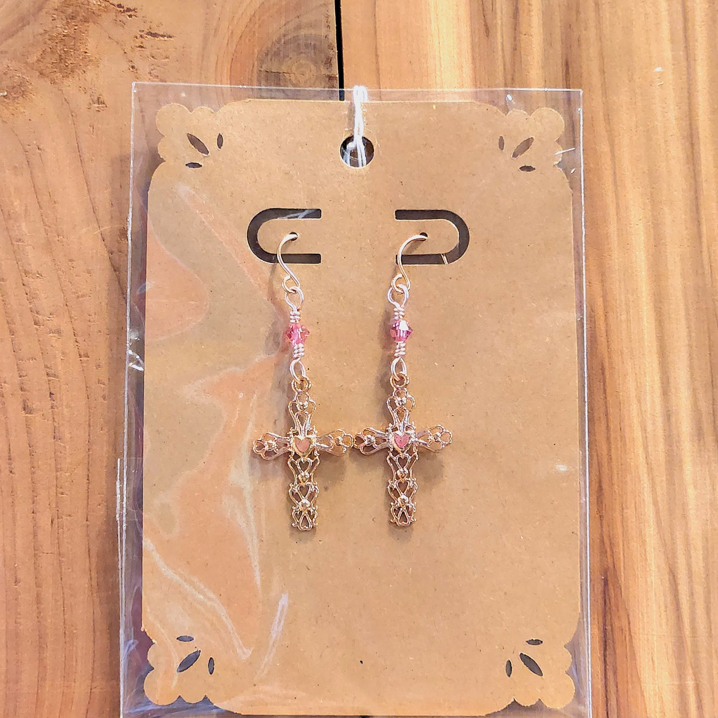 Rose Swarovski Crystals / Rose Gold Cross Earrings
