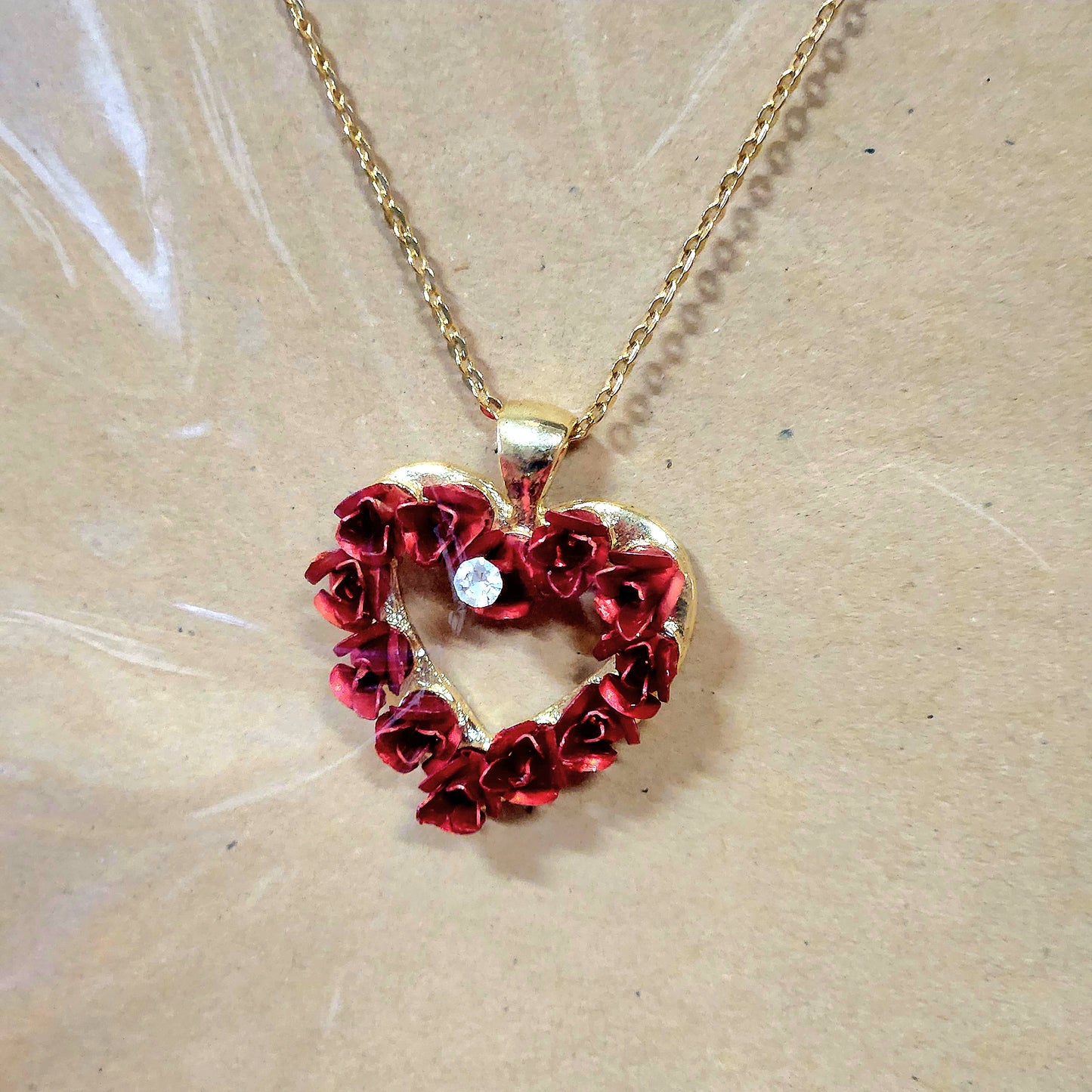 AVON Metal Red Rose Heart Wreath Austrian Crystal Necklace