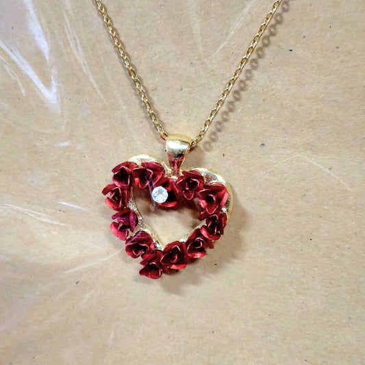 AVON Metal Red Rose Heart Wreath Austrian Crystal Necklace