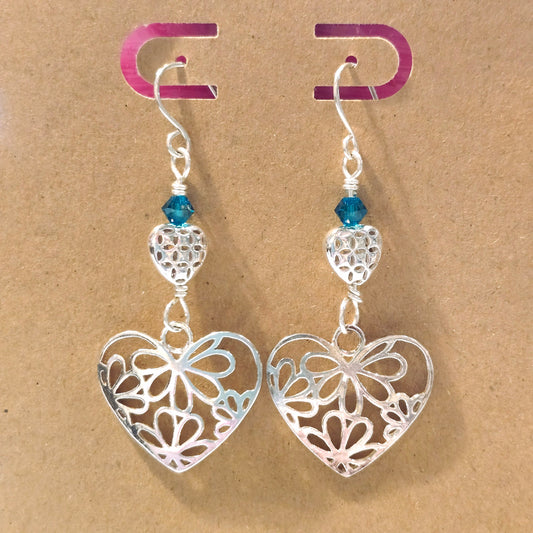 Floral Heart Earrings with Blue Zircon Swarovski Crystals