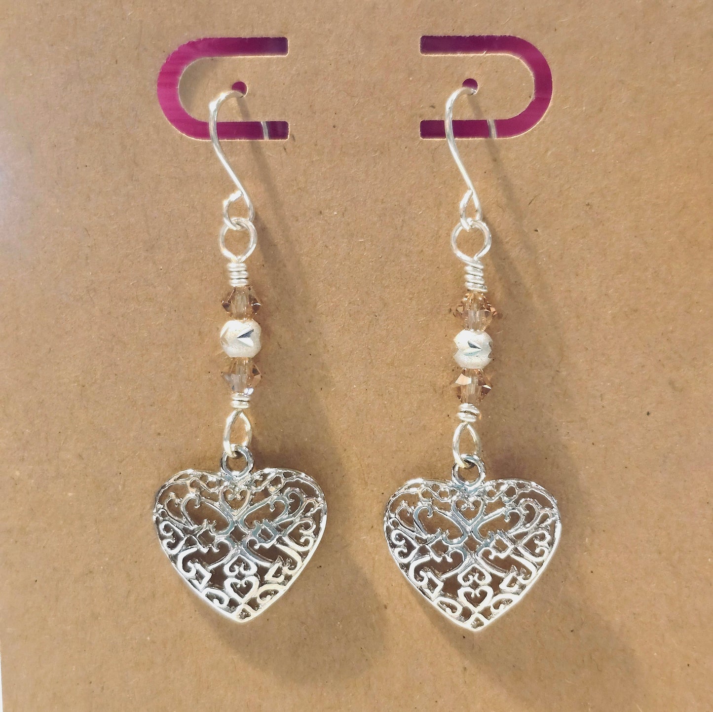 Light Colorado Topaz Swarovski Crystals SS Beaded Platinum Heart Earrings