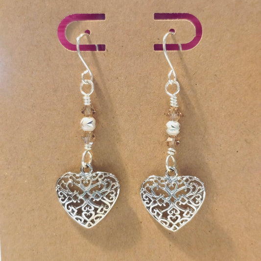 Light Colorado Topaz Swarovski Crystals SS Beaded Platinum Heart Earrings