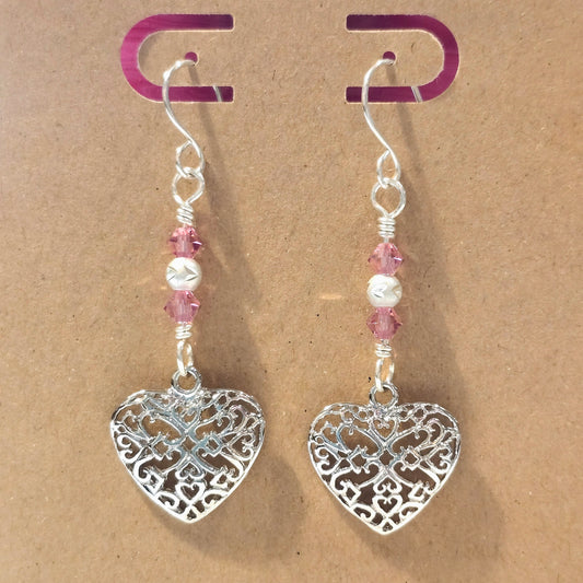 Rose Swarovski Crystals SS Beaded Platinum Heart Earrings