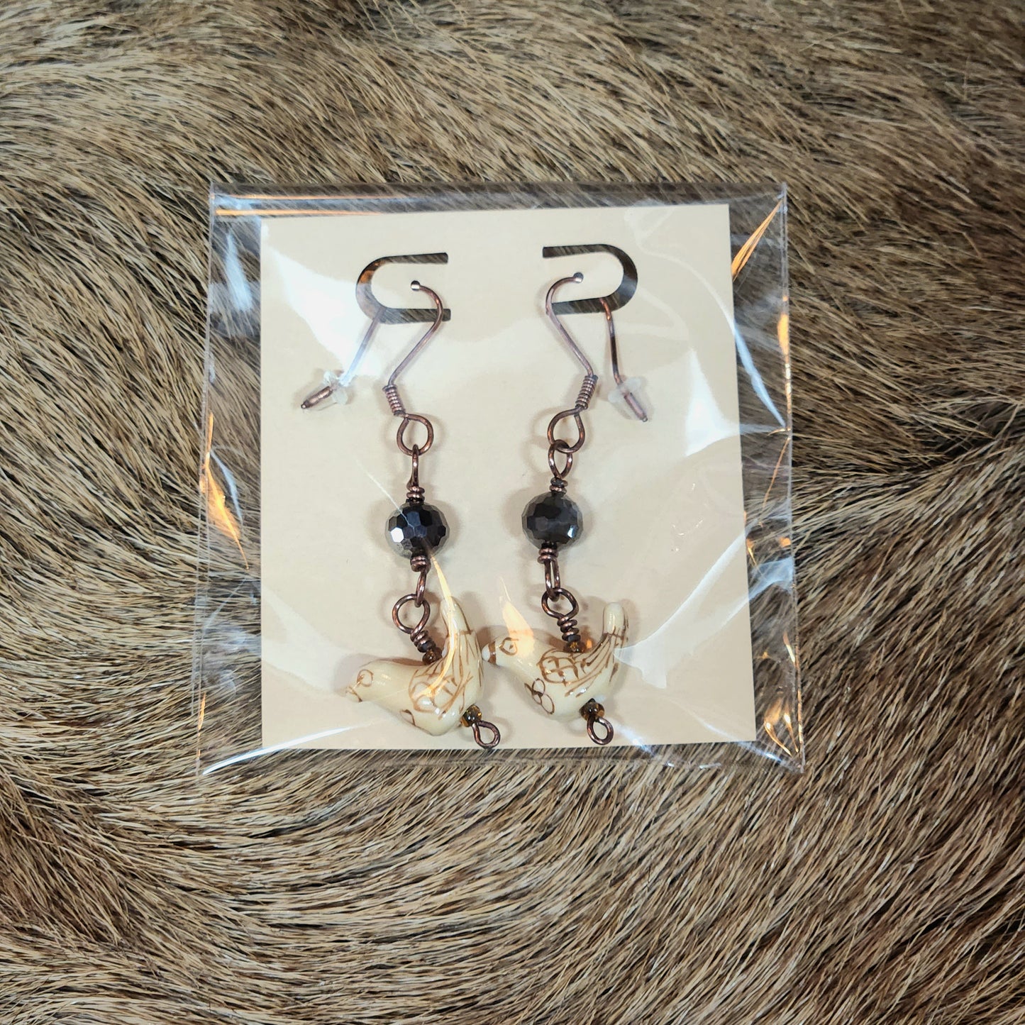 Beaded Brown Dove / Chicken Earrings