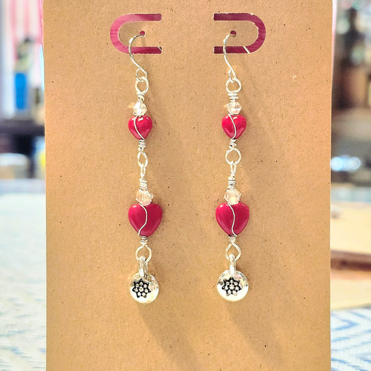 Crystal Heart Earrings with Flower Charms